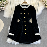 Herbst und Winter modisches langärmliges Stehkragen-Mittellanges A-Linien-Samtkleid